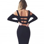 2016 Black White Sexy Solid Long Sleeve Bandage Party Dress Hollow Out Off The Shoulder Backless Midi Bodycon Women Dresses