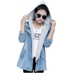 2016 Blue Hooded Drawstring Boyfriend Trends Jean Swish Pockets Two Piece Outerwear Women Denim Buttons Coat Jackets AWC0003