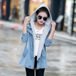 2016 Blue Hooded Drawstring Boyfriend Trends Jean Swish Pockets Two Piece Outerwear Women Denim Buttons Coat Jackets AWC0003