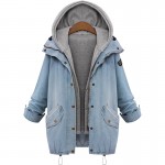 2016 Blue Hooded Drawstring Boyfriend Trends Jean Swish Pockets Two Piece Outerwear Women Denim Buttons Coat Jackets AWC0003