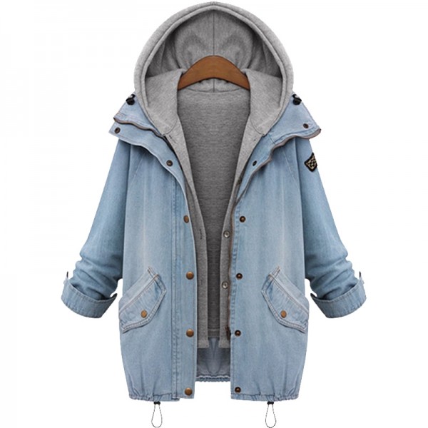 2016 Blue Hooded Drawstring Boyfriend Trends Jean Swish Pockets Two Piece Outerwear Women Denim Buttons Coat Jackets AWC0003