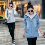 2016 Blue Hooded Drawstring Boyfriend Trends Jean Swish Pockets Two Piece Outerwear Women Denim Buttons Coat Jackets AWC0003