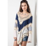 2016 Bohemian Lace crochet t-shirts for women long flare sleeve splice fashion t shirt vintage handmade knitted female t-shirt