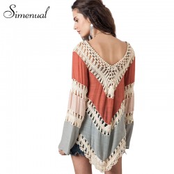 2016 Bohemian Lace crochet t-shirts for women long flare sleeve splice fashion t shirt vintage handmade knitted female t-shirt