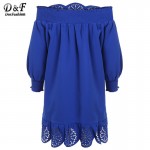 2016 Cute New Arrival Casual Style Fashion Korean Brand Dresses Blue Off The Shoulder Long Sleeve Peplum Hem Hollow Dress