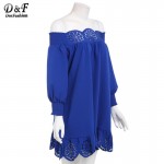 2016 Cute New Arrival Casual Style Fashion Korean Brand Dresses Blue Off The Shoulder Long Sleeve Peplum Hem Hollow Dress