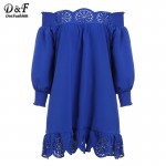 2016 Cute New Arrival Casual Style Fashion Korean Brand Dresses Blue Off The Shoulder Long Sleeve Peplum Hem Hollow Dress