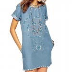 2016 Denim Dress Summer Women O-neck Short Sleeve above Knee Embroidery Dress Vestidos  Vestido curto APWM1