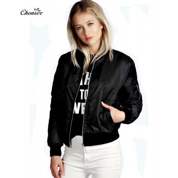 2016 European Style Womens Retro Long Sleeve O-Neck Short Zipper Slim Bomber Jacket Casual Coat MA1 Pilot Bomber Jackets