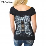2016 Fashion Women's T shirt Back Hollow Angel Wings T-shirt Tops Summer Style Woman Lace Short Sleeve Tops T shirts Clothing