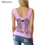 2016 Fashion Women's T shirt Back Hollow Angel Wings T-shirt Tops Summer Style Woman Lace Short Sleeve Tops T shirts Clothing