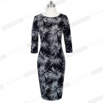 2016 Floral Work Dress Elegant Print 3/4 Sleeve Women Fashion Sheath Black Pencil Bodycon Female Formal Vintage Dress b283