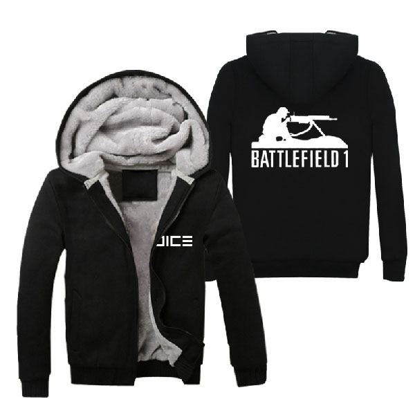 2016 Game Battlefield 1 Winter Hoodies Black Super Warm Fleece Cotton Zip up Coats Sweatshirts