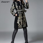 2016 Gold Embroidery Floral Wool Coat Women Vintage Black Parka Long Woolen Winter Faux Cashmere Coat Female Ladies Overcoat