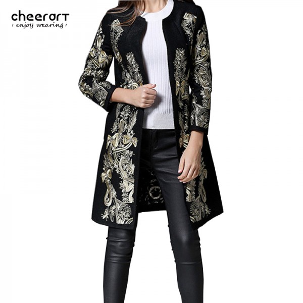 2016 Gold Embroidery Floral Wool Coat Women Vintage Black Parka Long Woolen Winter Faux Cashmere Coat Female Ladies Overcoat