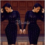 2016 HOT New Free Shipping Fabulous Popular Sheer Mesh Striped Studed Embelished Long Sleeves Club Celebrity Party Bandage Dress