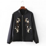 2016 Harajuku Bird Plum Flower Embroidery Jacket New Women Contrast color Floral Bomber Jacket Coat Pilots Outerwear Black