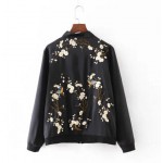 2016 Harajuku Bird Plum Flower Embroidery Jacket New Women Contrast color Floral Bomber Jacket Coat Pilots Outerwear Black