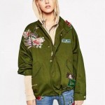 2016 Harajuku Red Rose Flower 3D Appliques Embroidery Pike Jacket New Women Stand Collar Loose Coat Casual Outerwear Army green