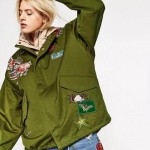 2016 Harajuku Red Rose Flower 3D Appliques Embroidery Pike Jacket New Women Stand Collar Loose Coat Casual Outerwear Army green