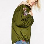 2016 Harajuku Red Rose Flower 3D Appliques Embroidery Pike Jacket New Women Stand Collar Loose Coat Casual Outerwear Army green