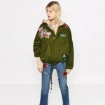 2016 Harajuku Red Rose Flower 3D Appliques Embroidery Pike Jacket New Women Stand Collar Loose Coat Casual Outerwear Army green