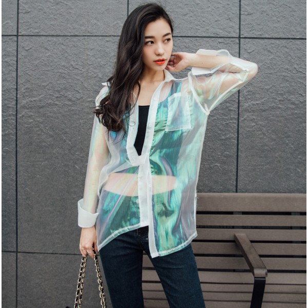 2016 Harajuku Women Hologram Laser Sympony Shine Sun Protection Clothing Transparent Iridescent  Sunscreen Uv Outerwear Jacket