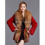 2016 Lady Fashion Natural Rabbit Fur Coat Jacket Raccoon Fur Collar Winter Women Fur Trench Outerwear Coats 3XL 4XL VK1477