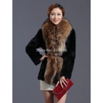 2016 Lady Fashion Natural Rabbit Fur Coat Jacket Raccoon Fur Collar Winter Women Fur Trench Outerwear Coats 3XL 4XL VK1477