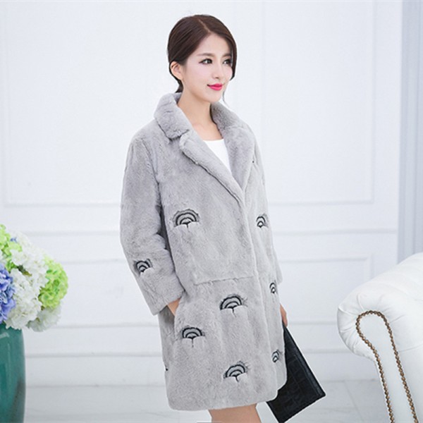 2016 Lady Fashion Real Rex Rabbit Fur Coat Jacket with Embroidery Winter Women Fur Slim Outerwear Coats Garment 4XL 5XL VK3125