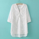 2016 Latest Summer Women Lace Flower Embroidery Blouse Women's White Loose Cotton and Linen Blouse Ladies Fashion Tops Shirt
