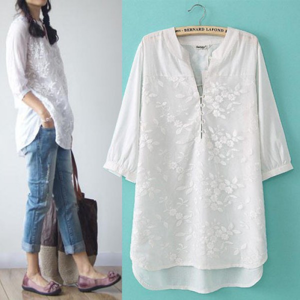 2016 Latest Summer Women Lace Flower Embroidery Blouse Women's White Loose Cotton and Linen Blouse Ladies Fashion Tops Shirt