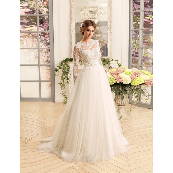 2016 Luxury Long Wedding Dresses Cheap A-line White Tulle Appliques Long Sleeves Bridal Gowns Scoop Robe De Mariage P161044