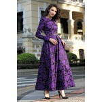 2016 M-3XL Fall Winter Vintage Flowers Women Plus Size Maxi Dress Long Sleeve O neck Pleated Dresses High Quality Purple