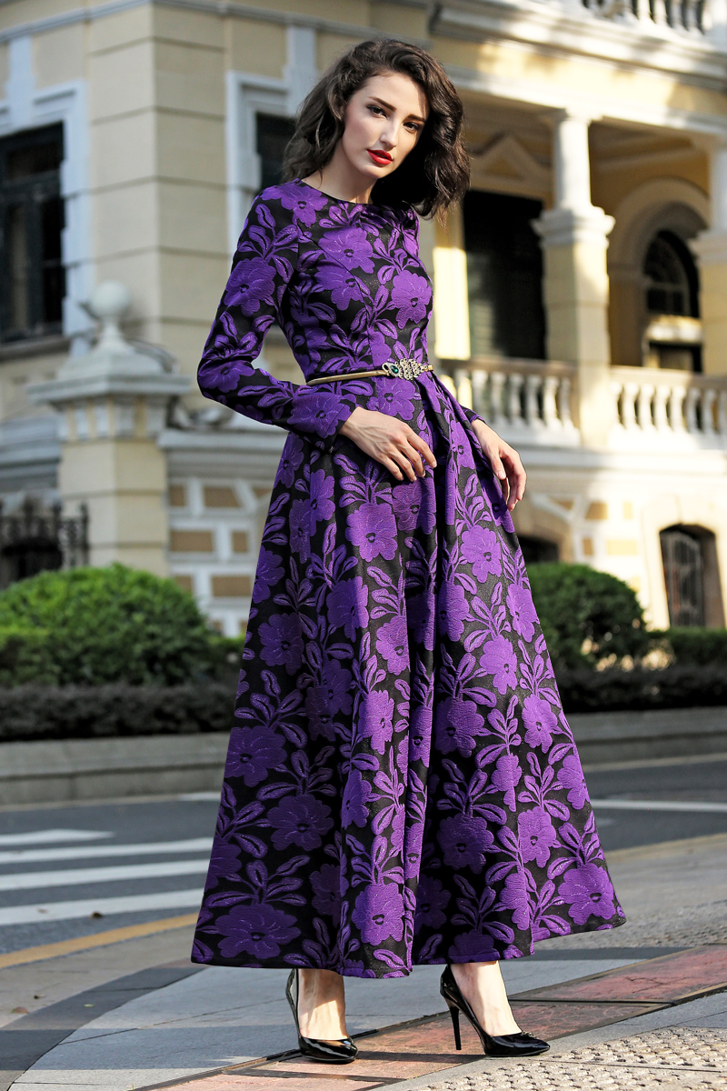 2016 M-3XL Fall Winter Vintage Flowers Women Plus Size Maxi Dress Long