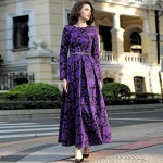 2016 M-3XL Fall Winter Vintage Flowers Women Plus Size Maxi Dress Long Sleeve O neck Pleated Dresses High Quality Purple