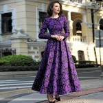 2016 M-3XL Fall Winter Vintage Flowers Women Plus Size Maxi Dress Long Sleeve O neck Pleated Dresses High Quality Purple