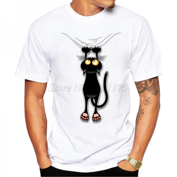 2016 Men's Fashion Summer Fun Black Cat Falling Down Design T Shirt  Casual Male Tops Hipster Printed Own Style Tees