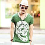 2016 Mens Deep V Neck T Shirt Summer green cotton Mens skull print thin slim V neck T-shirt Plus Size M-XXL #T99