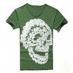 2016 Mens Deep V Neck T Shirt Summer green cotton Mens skull print thin slim V neck T-shirt Plus Size M-XXL #T99