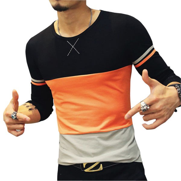 2016 New Arrival Men's Brand T Shirt Fashion Trend Orange Yellow Patckwork Casual T Shirts Men Slim Fitness Plus Size T SHIRT