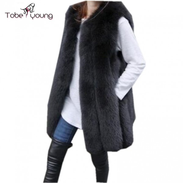 2016 New Elegant Faux Fox Fur Vest Coat Gilet Quality Winter Long Waist Coat Sleeveless Overcoat S-3XL femme Plus Size Outwear