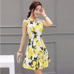 2016 New Fashion Summer Dress Vintage Sleeveless Vestido Lemon Dresses O-Neck Print Pleated Women Dress Party Saias Femininas