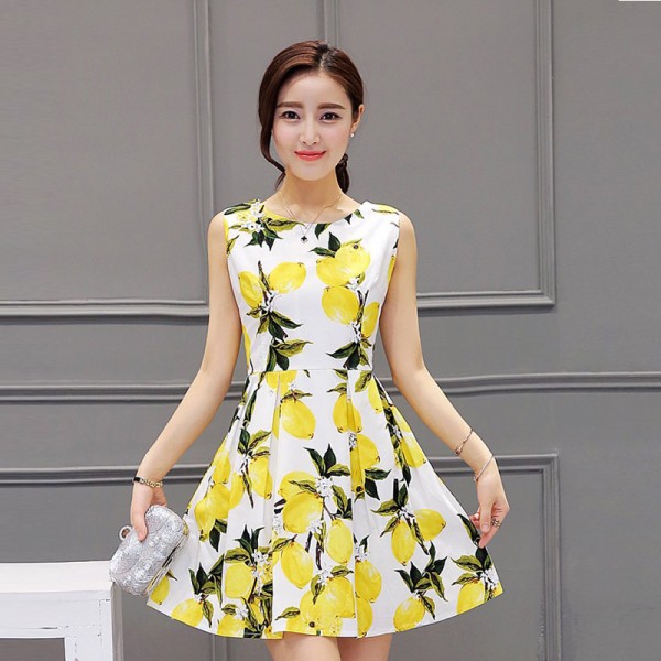 2016 New Fashion Summer Dress Vintage Sleeveless Vestido Lemon Dresses O-Neck Print Pleated Women Dress Party Saias Femininas