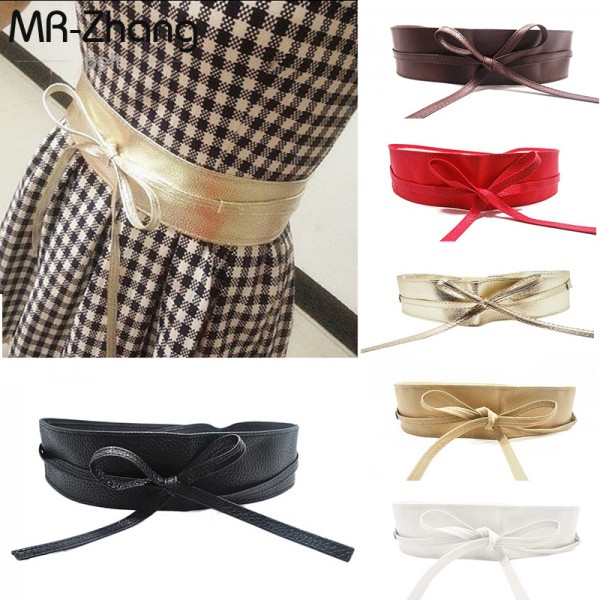 2016 New Fashion Women Dress belt Soft PU Leather Wide Self Tie Wrap Around Waist Accessories Freeshipping