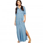 2016 New Fashion Women Maxi Long Denim Dress Plus Size S-XXL Sexy Side Split Solid Casual Vestdos Jeans Dresses Summer -E 