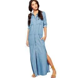 2016 New Fashion Women Maxi Long Denim Dress Plus Size S-XXL Sexy Side Split Solid Casual Vestdos Jeans Dresses Summer -E 