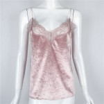 2016 New Fashion high quality Summer elegant sexy deep v-neck lace velour spaghetti strap Camis Vest T shirts Tshirt Tops