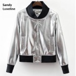 2016 New Punk Female Bomber Jacket Women Jacket Silver Uniform Faux Leather Autumn Runway Women Basic Coats Cheap 017