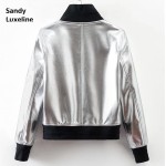 2016 New Punk Female Bomber Jacket Women Jacket Silver Uniform Faux Leather Autumn Runway Women Basic Coats Cheap 017